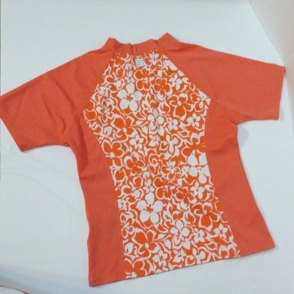 Lands' End Big Girls Floral Short Sleeve Fitted Rashguard Swim Top Size Large